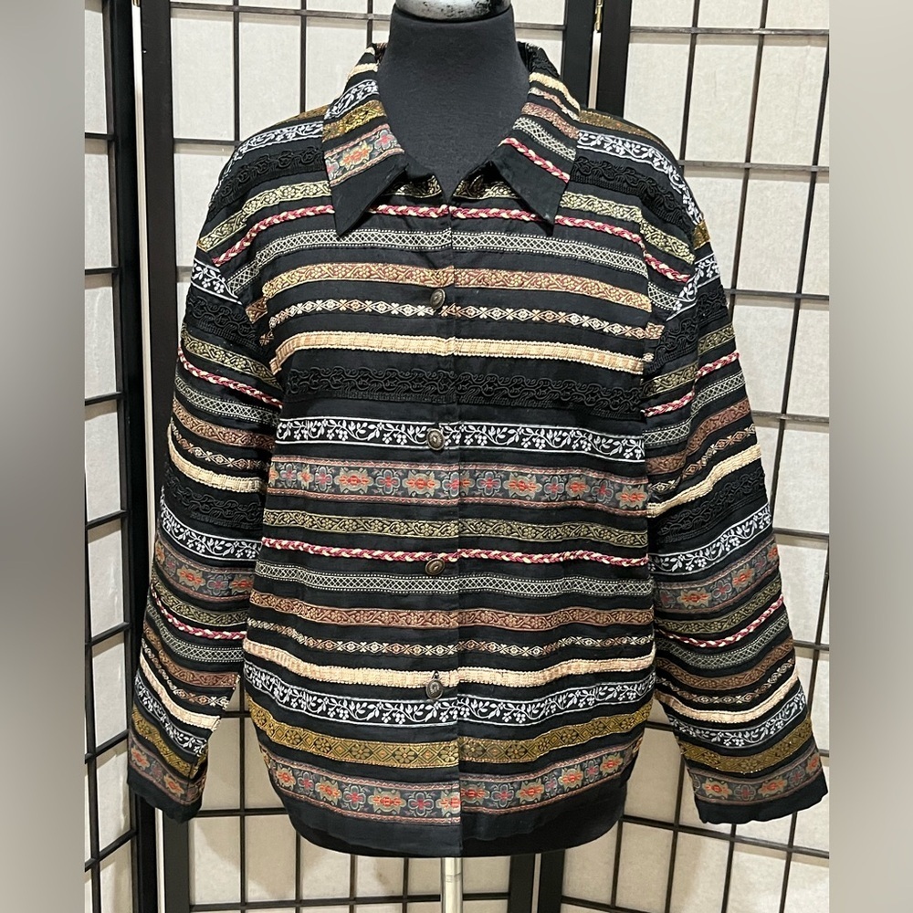 Tantrums Collection Black LACE STRIPE TRIM EMBELLISHED BOHO WOMENS JACKET SIZE L